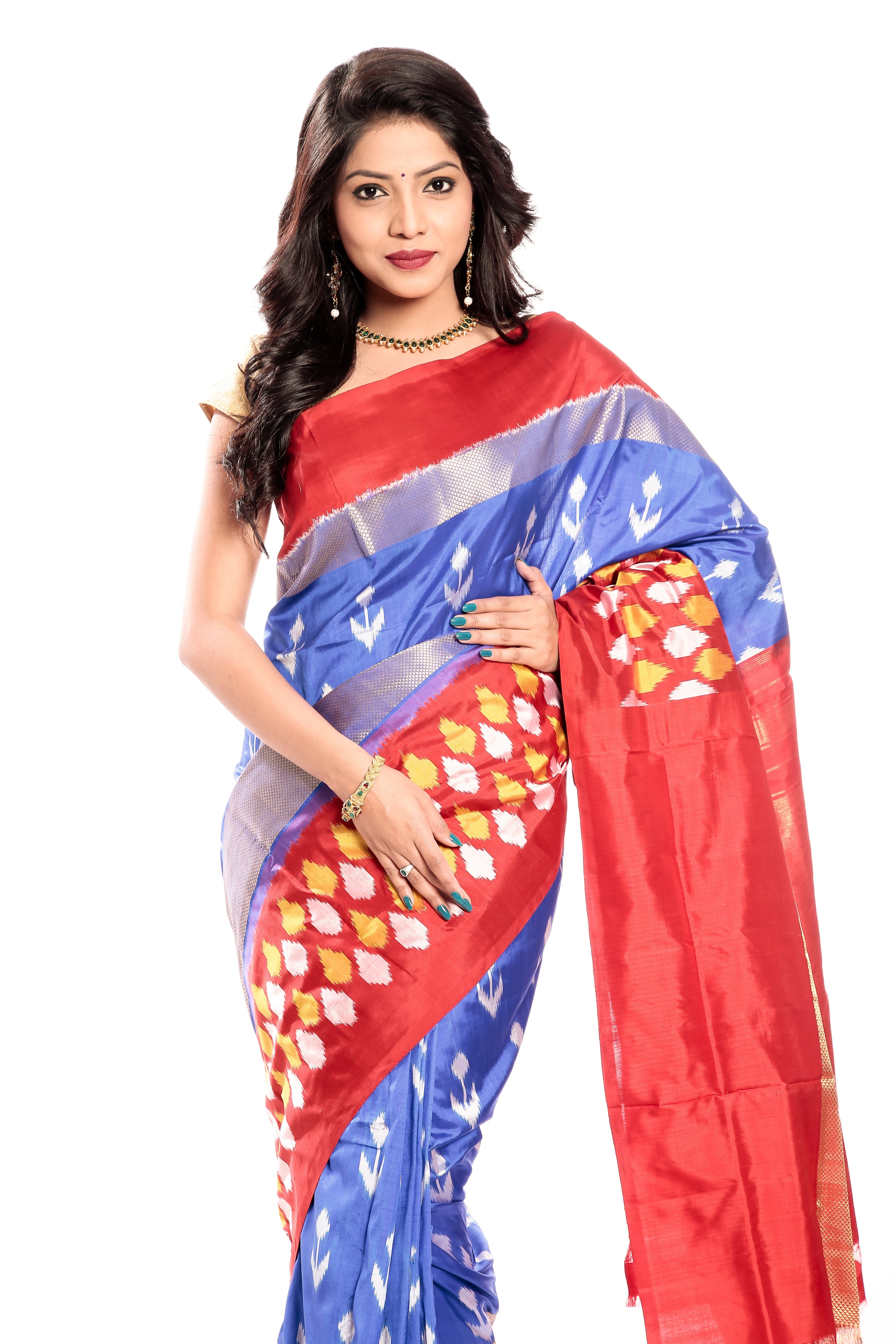 Ikkat Silk Saree in Blue-Reddish Orange